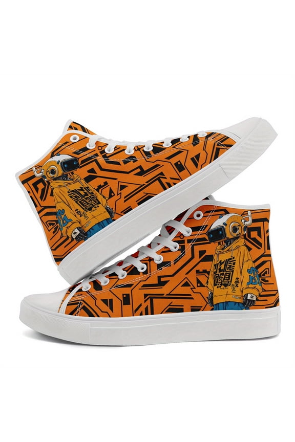 Men's High-Top Sneakers, Orange Casual Boots with Robot Samurai Art & Graffiti, Punk Footwear for Skaters, Trendy Casual Urban Wear Shoes for Daily Wear, Sport Walking Causual Shoes