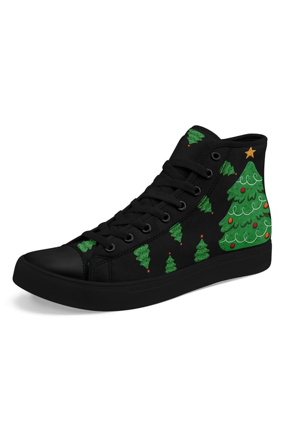 Men's High-top Christmas Tree Print Sneakers, Festive Green & Golden Holiday Shoes, Christmas Party & Casual Attire (Black Base with Green Tree & Red Ornaments), Stylish Casual Boots