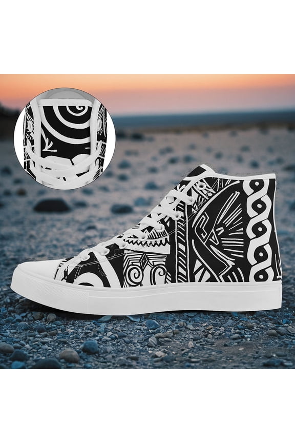 Men's High-top Ethnic Style Sneakers, Trendy Black & White Geometric Pattern, Breathable Fabric Upper Shoes, Rubber Sole, Lace-Up Boots for Casual & Streetwear, Bold Design Footwear