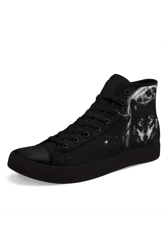 Men's High-top Sneakers,Black Wolf & Moon for Galaxy Night Print, Streetwear Casual Shoes with Lace-Up for Walking & Travel, Celestial Design, Street Style, Urban Fashion Enthusiasts