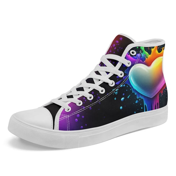 Coolcustomize Men's High-top Sneakers, Lace-Up Ankle-High Shoes, Colorful Splatter Heart & Streetwear Style for Urban Fashion, Casual Wear and Outdoor - Comfortable Round-Toe Canvas Shoes for Couples