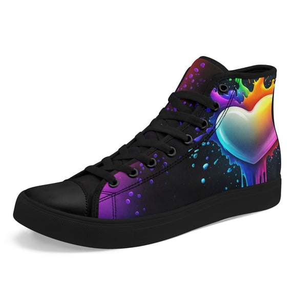 Coolcustomize Men's High-top Sneakers, Lace-Up Ankle-High Shoes, Colorful Splatter Heart & Streetwear Style for Urban Fashion, Casual Wear and Outdoor - Comfortable Round-Toe Canvas Shoes for Couples