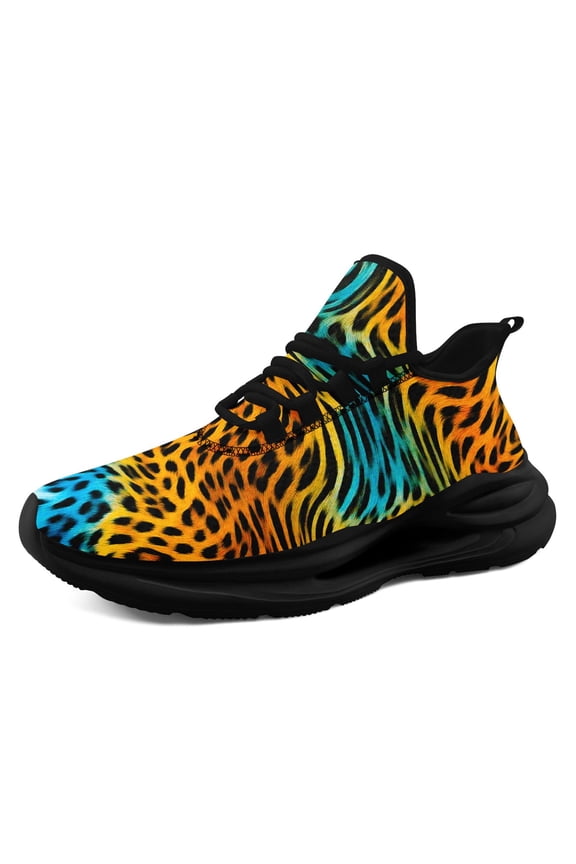Men's Leopard Print Sneakers - Turquoise/Orange/Yellow/Black/ Low-Top Lace-Up with Cushioned Sole, Women's Casual Trainers for Daily Wear, Parties & Outings, Fashion Running Shoes