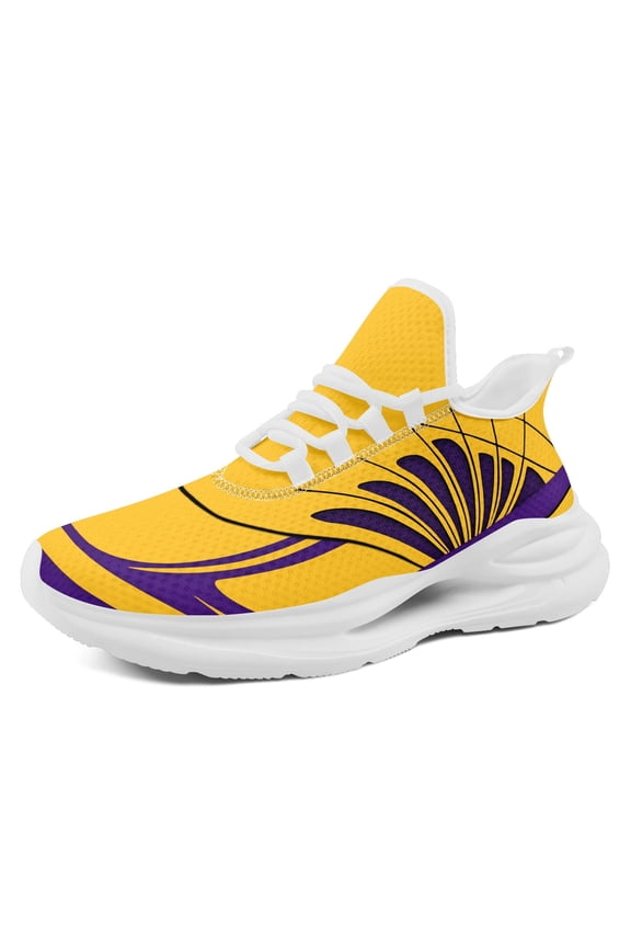 Men's Lightweight Sneakers - All-Season Gym, Running, Training Shoes - Cushioned EVA Sole, Breathable Fabric Upper - Yellow & Purple Colorway - Lace-Up Closure