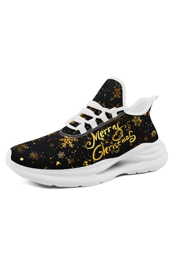Men's Merry Christmas Sneakers with Golden Snowflake Print, Low-Top Holiday Shoes, Cushioned Sole & Suspension Technology, All-Season Casual Walking Wear - Black & Golden (Ideal Gift)