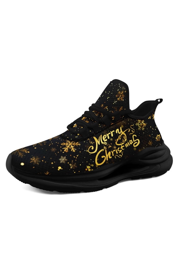 Men's Merry Christmas Sneakers with Golden Snowflake Print, Low-Top Holiday Shoes, Cushioned Sole & Suspension Technology, All-Season Casual Walking Wear - Black & Golden (Ideal Gift)