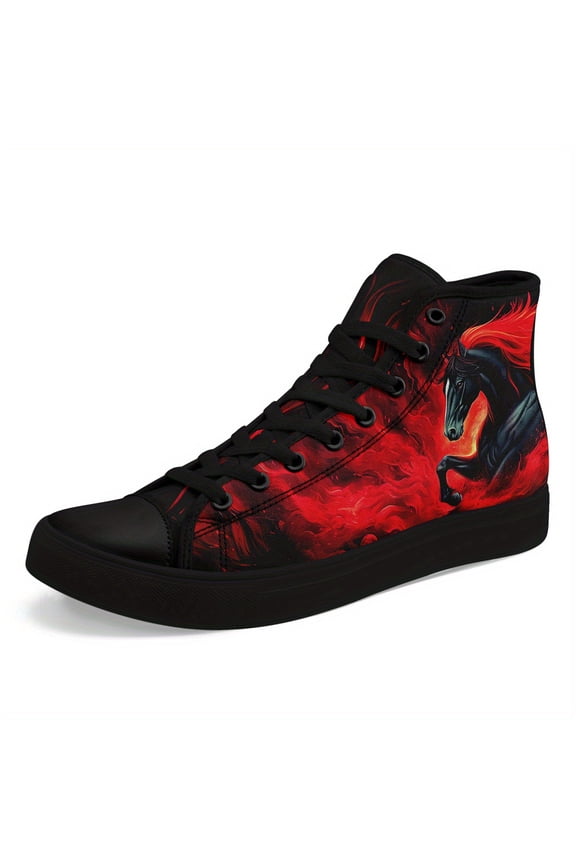 Men's PLUS SIZE Gothic High-Top Sneakers, Vibrant Horse Print Punk Shoes with Red/Black/White/Gray Graphics, Lace-Up Casual Trainers for Halloween, Streetwear & Outdoor, All-Season Boot