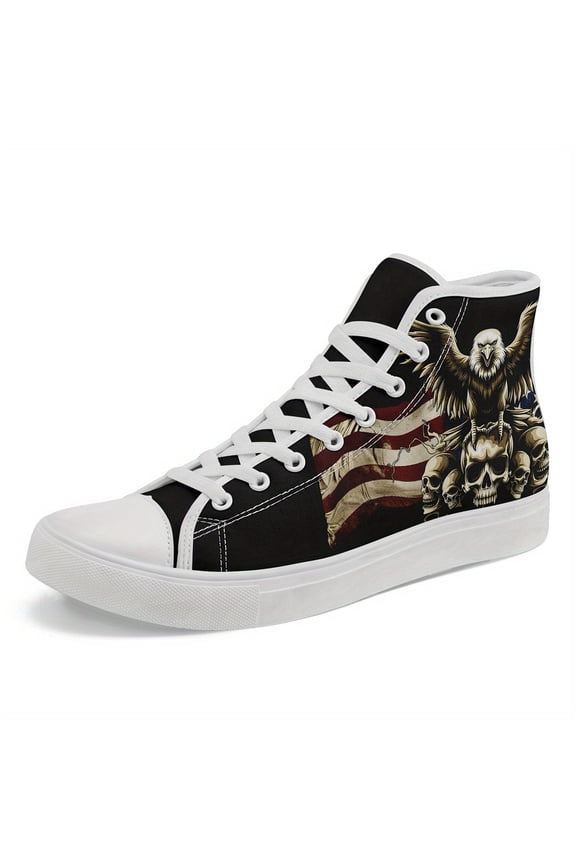 Men's PLUS SIZE Gothic Punk Sneakers, Skull & Red/White Stripe, Lace-Up High-top Shoes for Streetwear, Concerts, Everyday - Gothic Shoes, Concert Footwear, Detailed Graphic Print Boots