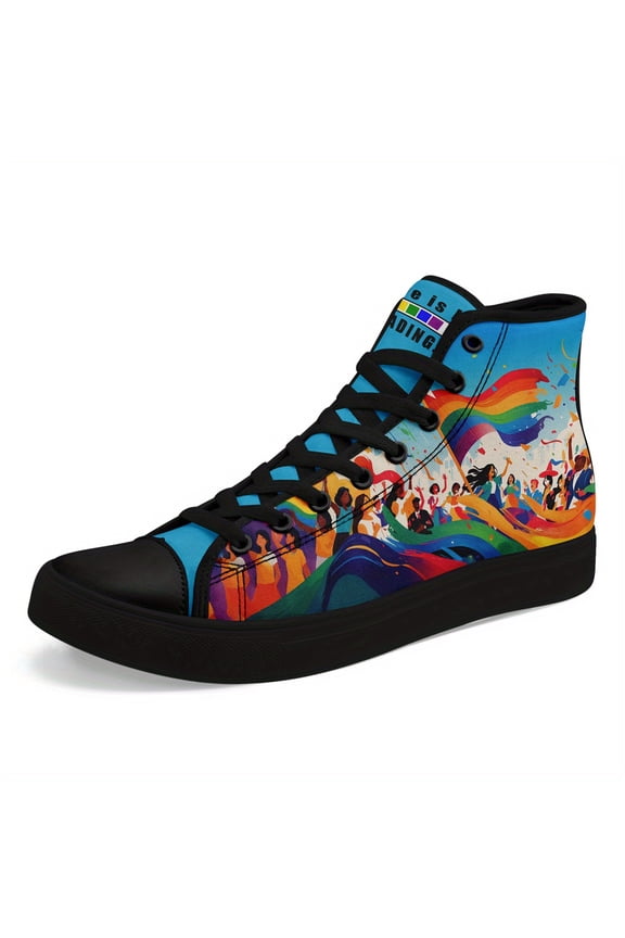 Men's PLUS SIZE Pride Month High-Top Love Sneakers, LGBT Rainbow Design Casual Shoes, Colorful Trendy Streetwear Trainers, Lightweight and Breathable, LGBTQ Pride Fashion for Women
