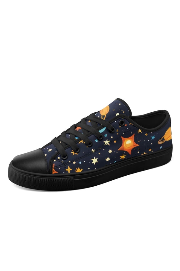 Men's Plus Size Black/Orange Space Galaxy Star & Planet Graphic Sneakers, Low-Top Round Toe Casual Shoes with Sole, Comfortable Lightweight Canvas Shoes for Daily Wear & Outdoor Travel