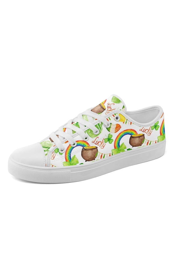 Men's Plus Size Colorful-White St Patrick's Rainbow Watercolor Sneakers, Lightweight Lace-Up Low-Top Casual Shoes with Irish-Themed, Fashion Canvas Shoes for St Patrick's Day Outfits
