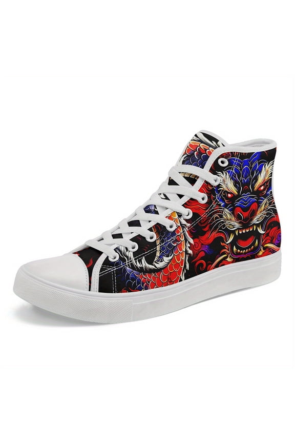 Men's Plus Size Dragon Design High-top Sneakers, Athletic Shoes with Vibrant Red & Blue Dragon Print, Lace-Up Boots, Perfect Gift for Festive Occasions, Casual Streetwear Style Footwear