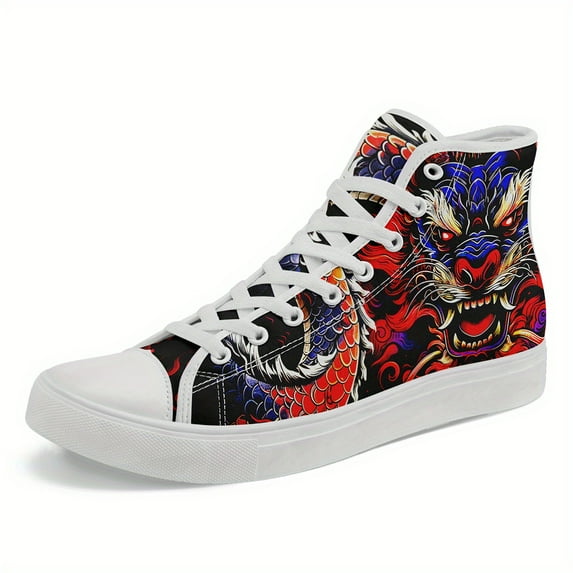Coolcustomize Men's Plus Size Dragon Design High-top Sneakers, Athletic Shoes with Vibrant Red & Blue Dragon Print, Lace-Up Boots, Perfect Gift for Festive Occasions, Casual Streetwear Style Footwear