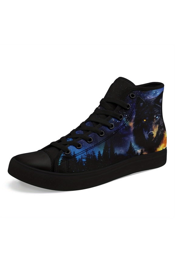 Men's Plus Size Dual Eye Wolf Design High Top Sneakers, Galaxy Forest Night Print Couple Shoes, Style for Casual Outfits, Streetwear & Season Fashion, Boots Perfect for Walking & Travel