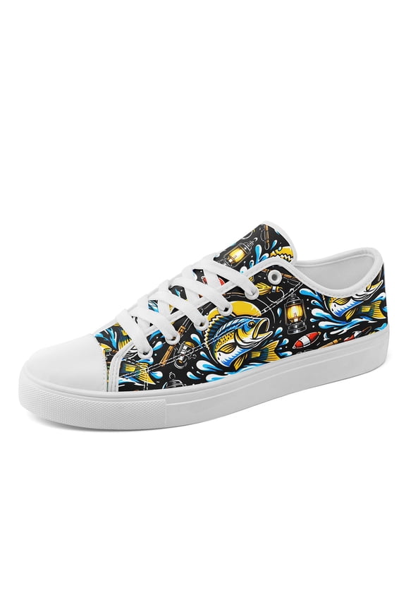 Men's Plus Size Fishing Enthusiast Fish Theme Low-Top Sneakers, Yellow/Blue/Black, Comfort Breathable Casual Shoes, Round Toe Lace up Canvas Shoes, Perfect for Office Casual Outfits