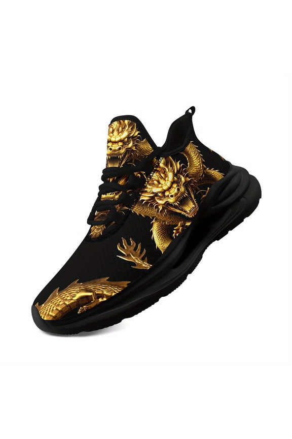 Men's Plus Size Golden Dragon Print Sneakers - Inspired Chunky Sports Shoes, Breathable Lightweight Running Trainers Street Style Casual Footwear | Trendy Sneakers | Fabric Upper Shoes