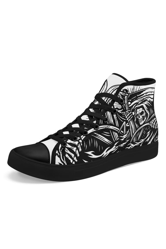 Men's Plus Size Gothic Grim Reaper High-top Sneakers - Black/White Skull & Reaper Scythe Design Boots, Lace-Up Streetwear Casual Shoes with Cushioned Rubber Sole for Daily Wear, Parties