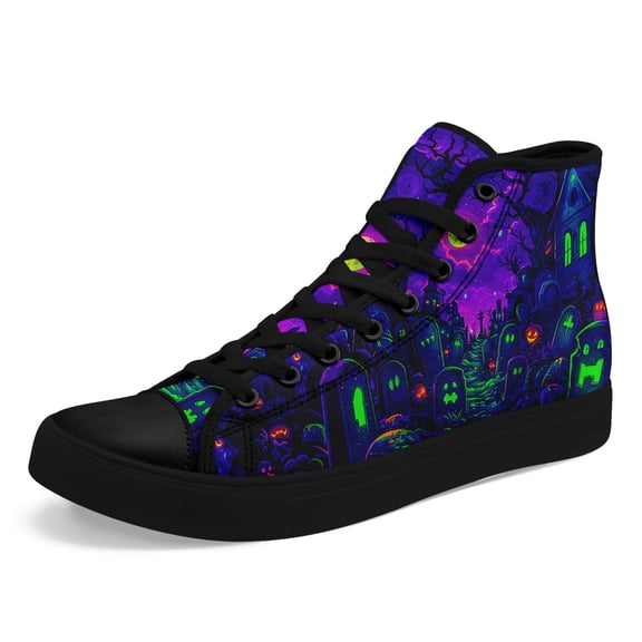 Coolcustomize Men's Plus Size Gothic High-Top Sneakers - Lace-Up Gothic Shoes with Purple & Neon Green Accents, Non-Slip Rubber Sole - All-Season Gothic Boots for Halloween, Streetwear, Everyday