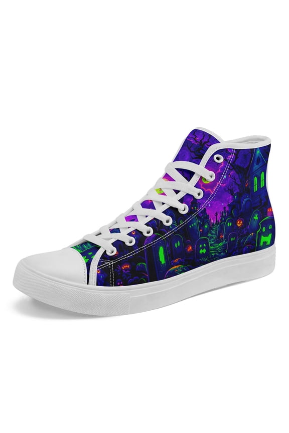 Men's Plus Size Gothic High-Top Sneakers - Lace-Up Gothic Shoes withPurple & Neon green accents, Non-Slip Rubber Sole Casual Shoes - Gothic Boots for Halloween, Streetwear, Daily Wear
