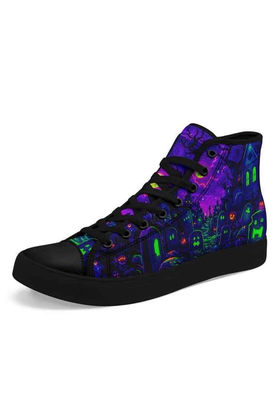 Men's Plus Size Gothic High-Top Sneakers - Lace-Up Gothic Shoes withPurple & Neon green accents, Non-Slip Rubber Sole Casual Shoes - Gothic Boots for Halloween, Streetwear, Daily Wear