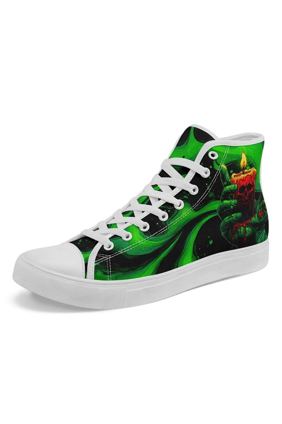 Men's Plus Size Gothic High-Top Sneakers, Skull & Candle Graphic, Goth Shoes for Halloween, Urban Style, Edgy Footwear, Breathable Fabric Casual Boot, Trendy Footwear, Alternative Style