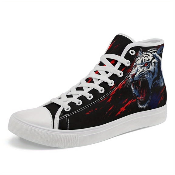 Coolcustomize Men's Plus Size Gothic High-top Sneakers with Tiger Print - Punk Style Lace-Up Trainers, Casual Streetwear Shoes, Black with Red Accents, Edgy Casual Boots | Bold Graphic Shoes
