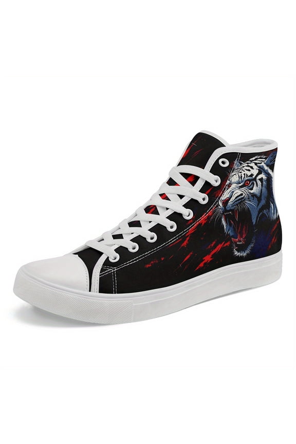 Men's Plus Size Gothic High-top Sneakers with Tiger Print - Punk Style Lace-Up Trainers, Casual Streetwear Shoes, Black with Red Accents, Edgy Casual Boots | Bold Graphic Shoes