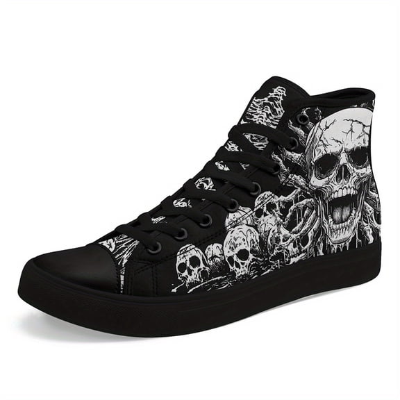 Coolcustomize Men's Plus Size Gothic Punk High-Top Sneakers with Skull Print, Black Casual Shoes for Streetwear & Everyday Comfort, Perfect for Parties, Concerts & Daily Wear, Skull Print Sneakers