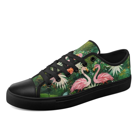 Coolcustomize Men's Plus Size Green/Pink Tropical Flamingo Jungle Lace-Up Casual Sneakers, Comfort Lightweight Dailywear Casual Walking Shoes, Round Toe Low-top Canvas Shoes for Casual Outfits