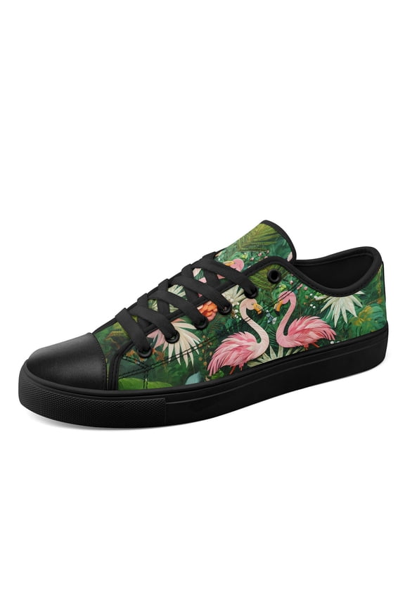 Men's Plus Size Green/Pink Tropical Flamingo Jungle Lace-Up Casual Sneakers, Comfort Lightweight Dailywear Casual Walking Shoes, Round Toe Low-top Canvas Shoes for Casual Outfits