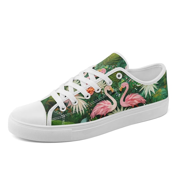 Coolcustomize Men's Plus Size Green/Pink Tropical Flamingo Jungle Lace-Up Casual Sneakers, Comfort Lightweight Dailywear Casual Walking Shoes, Round Toe Low-top Canvas Shoes for Casual Outfits
