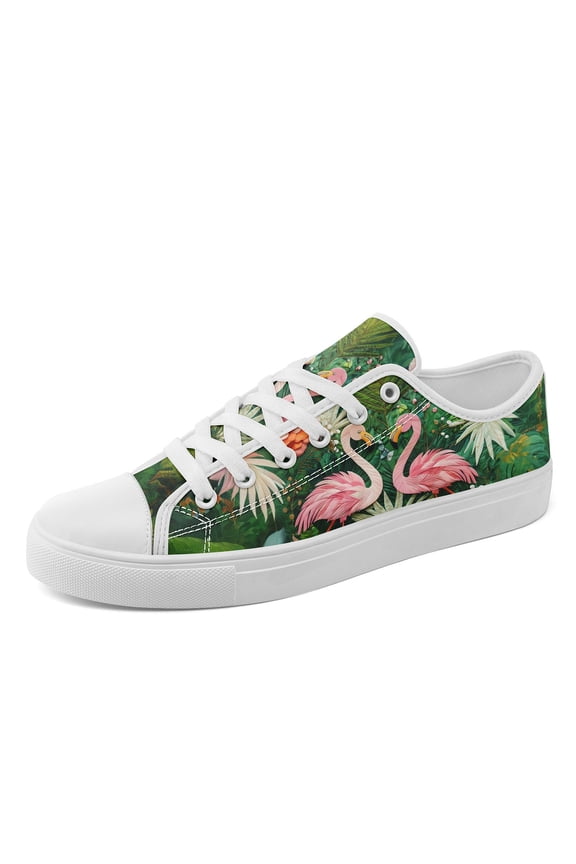 Men's Plus Size Green/Pink Tropical Flamingo Jungle Lace-Up Casual Sneakers, Comfort Lightweight Dailywear Casual Walking Shoes, Round Toe Low-top Canvas Shoes for Casual Outfits