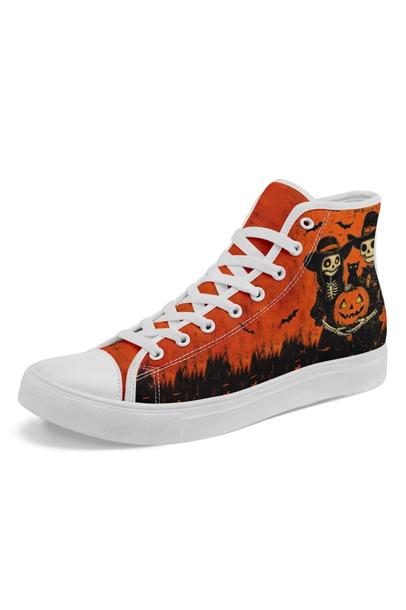 Men's Plus Size Halloween High-top Sneakers - Gothic Skull & Pumpkin Lantern Design, Lace-Up Casual Shoes, Black/Orange Urban Street Style Trainers for Casual Attire, Streetwear Lovers
