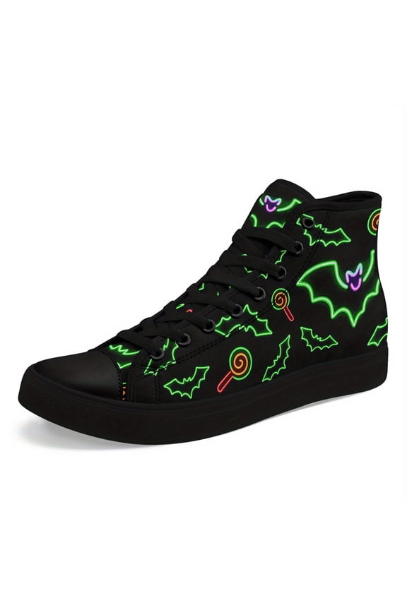Men's Plus Size Halloween Shoes - Neon Green Bat Graphic High-Top Sneakers, Lace-Up Closure, Breathable Fabric Upper & Cushioned Insole, Halloween Party Costume Shoes, Gothic Streetwear