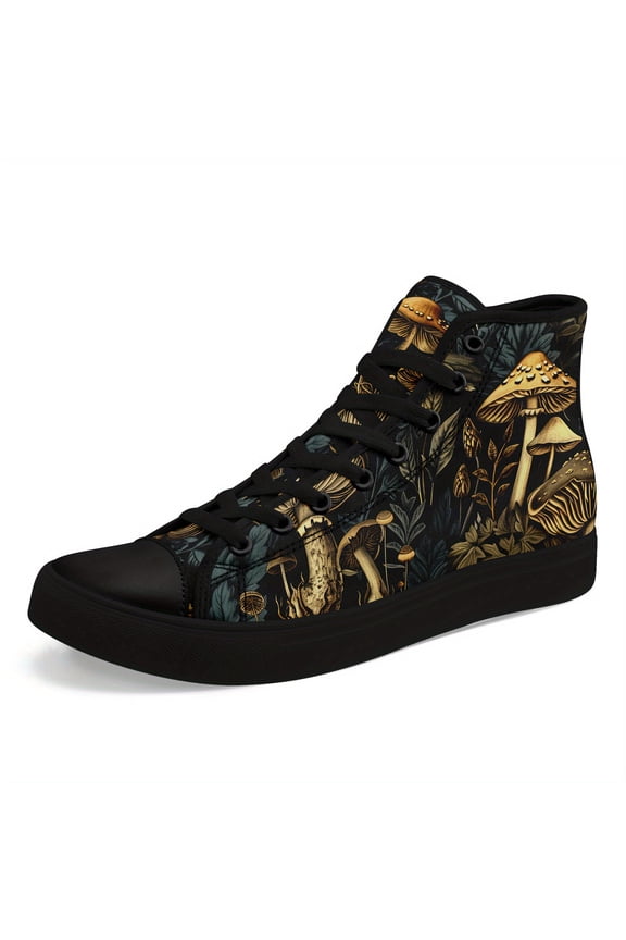 Men's Plus Size High-Top Mushroom Print Casual Sneakers, Retro Forest Print Street-Ready Lace-up Shoes, Perfect for Parties, Concert Looks, Unisex All-match Boots for Daily Wear