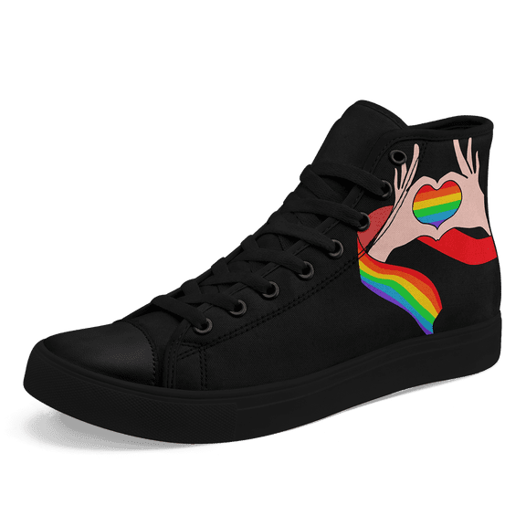 Coolcustomize Men's Plus Size High-Top Rainbow & Heart Print Sneakers, Lightweight Casual Shoes, Unisex Streetwear, Black with Colorful Heart & Rainbow Design, Lace-Up Rubber Sole Versatile Footwear