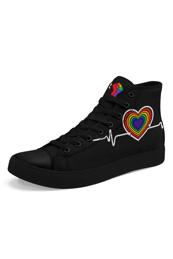 Men's Plus Size High-Top Rainbow Heart Sneakers, LGBT Pride Black & Rainbow Heart Design, Lightweight Breathable Fabric & Rubber Sole, Unisex Casual Streetwear Shoes for Everyday Wear