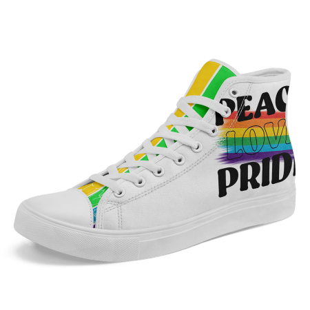 Coolcustomize Men's Plus Size High-Top Rainbow LGBT Pride Sneakers - PEACE LOVE PRIDE Graphic, Lightweight Breathable Fabric & Rubber Sole Boots, Unisex Casual Streetwear Shoes Bold Graphic Footwear