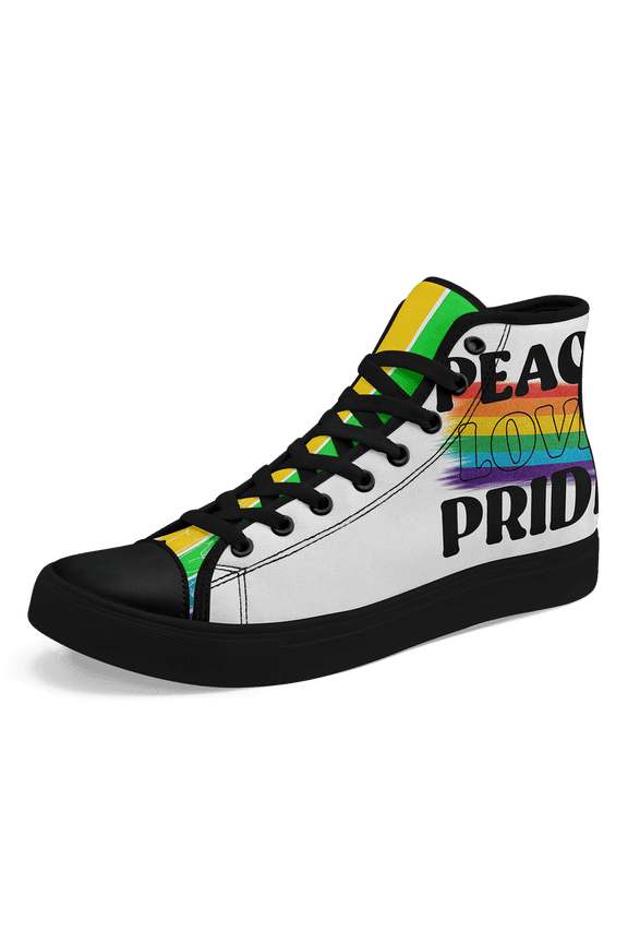 Men's Plus Size High-Top Rainbow LGBT Pride Sneakers - PEACE LOVE PRIDE Graphic, Lightweight Breathable Fabric & Rubber Sole Boots, Unisex Casual Streetwear Shoes Bold Graphic Footwear