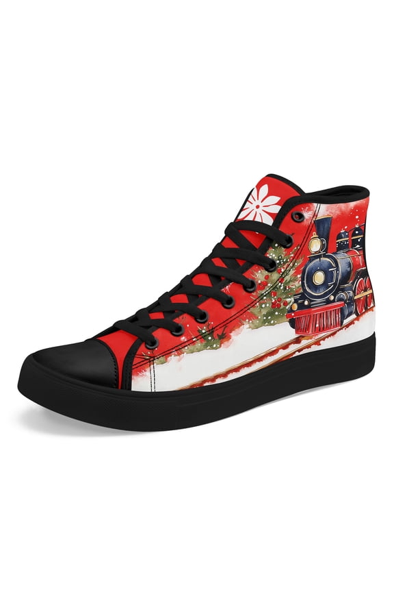 Men's Plus Size High-Top Sneakers with Christmas Train & Snowy Print, Lace-Up Casual Shoes Suitable for Daily Walking, Outdoor Travel & Holiday Parties - Christmas Gift for Women