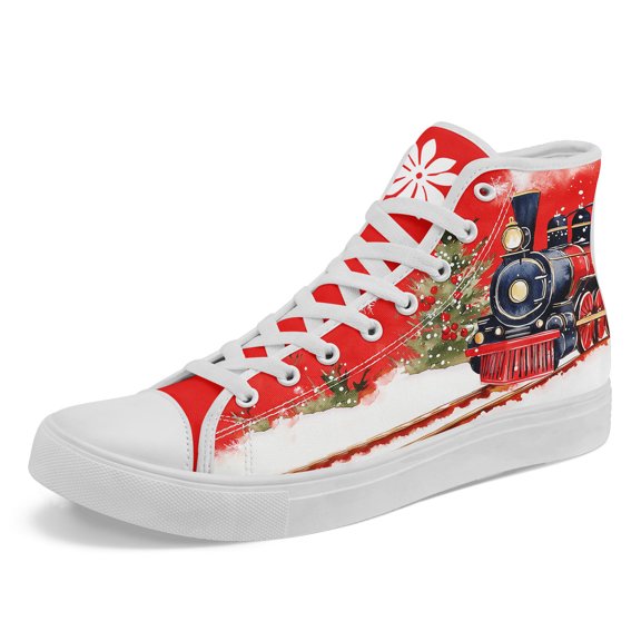 Coolcustomize Men's Plus Size High-Top Sneakers with Christmas Train & Snowy Print, Lace-Up Casual Shoes Suitable for Daily Walking, Outdoor Travel & Holiday Parties - Christmas Gift for Women