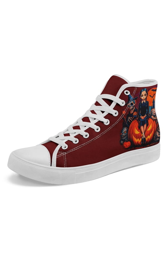 Men's Plus Size High-Top Sneakers, Gothic Vampire & Witch Print (Gwen) Burgundy/Black , Lightweight , Casual & Halloween Costume Footwear for Parties, Outdoor, Daily Wear Casual Shoes