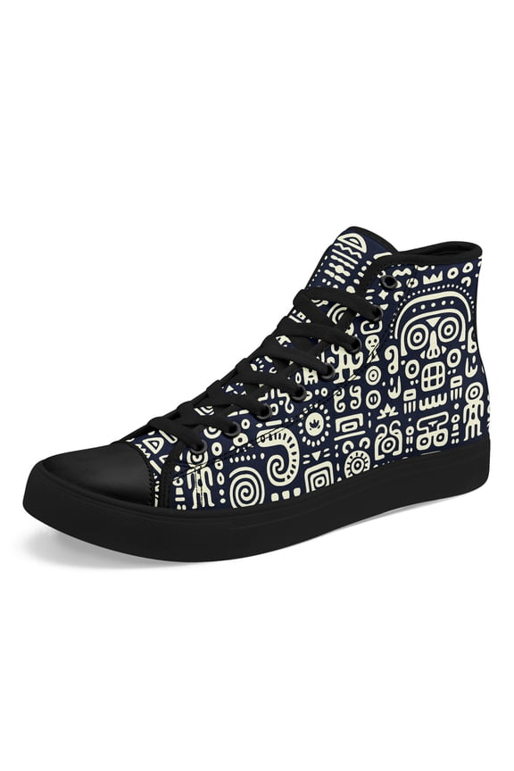 Men's Plus Size High Top Tribal Art Casual Shoes | Women's Stylish Sneakers with Fabric Upper, Rubber Sole, and Random Tribal Symbol Design for Daily Walking and Outdoor Travel