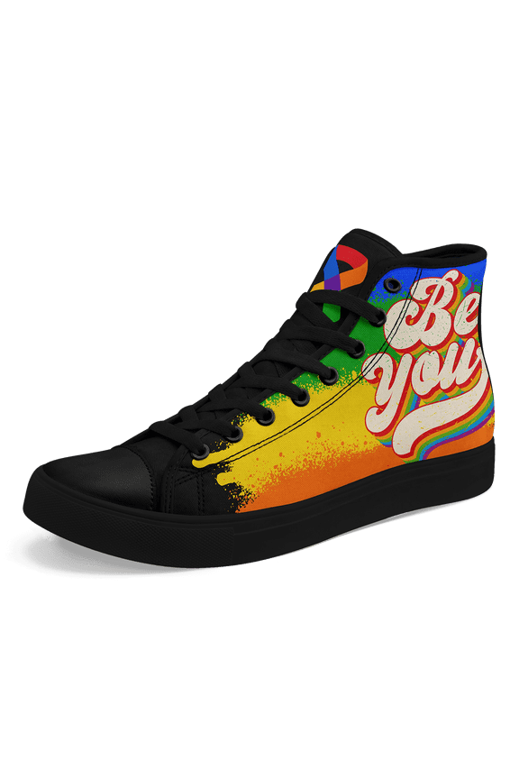 Men's Plus Size High-top Sneakers, Colorful Rainbow Stripes & "Be You" Graphic Design, Unisex Casual Shoes for Street Style, Outdoor, Daily Wear - Motivational Graphic Design Streetwear