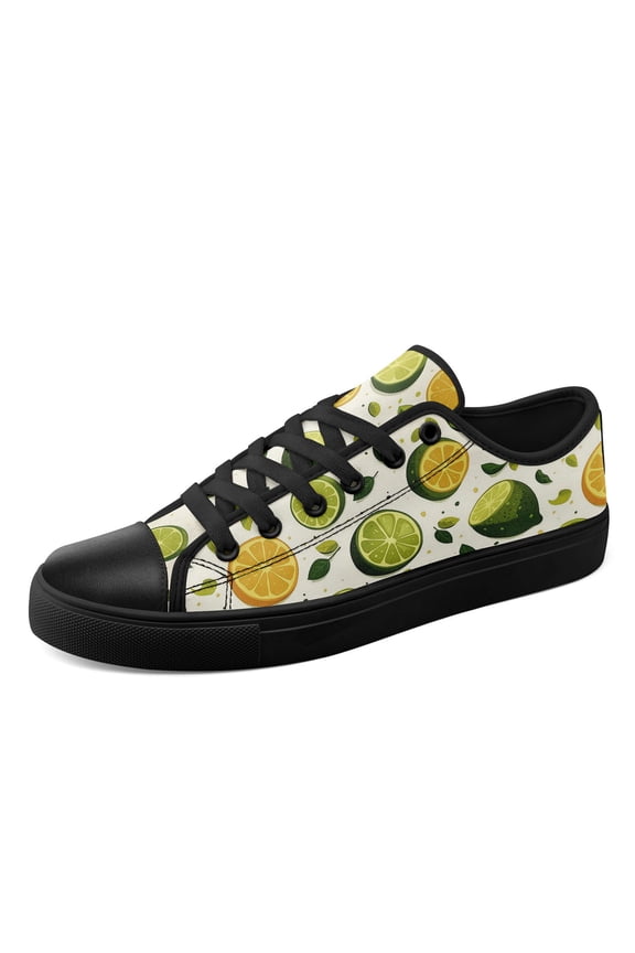 Men's Plus Size Lace-Up Sneakers with Beige/Green/Orange Refreshing Lemon Lime Pattern | Comfortable Lightweight Round Toe Casual Shoes with Fabric Upper, Fashion Low Top Canvas Shoes