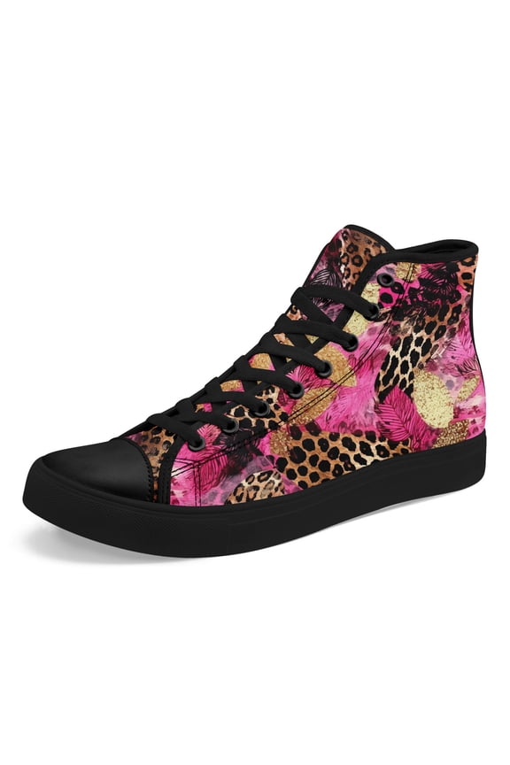 Men's Plus Size Leopard Print High-Top Sneakers | Wild Jungle Design, Trendy Street Style, Couple Shoes, Lightweight, Breathable, All-Season Fabric Upper, Rubber Sole Casual Shoes