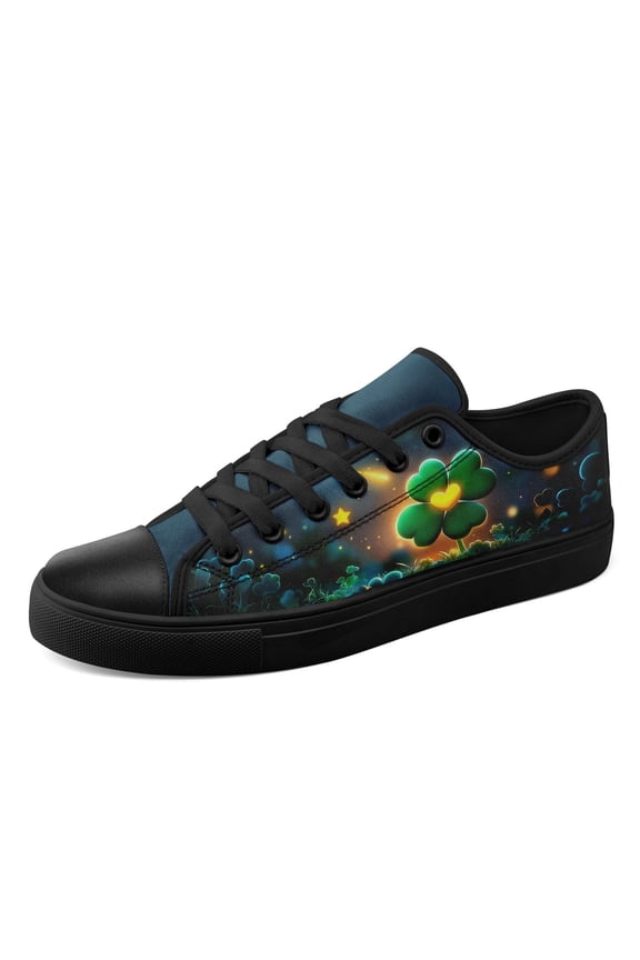 Men's Plus Size Navy Blue/Green St Patrick's Clover Sneakers, Lightweight Lace-Up Low-Top Casual Shoes with Random Clover Print, Round Toe Canvas Shoes for Irish-Themed Outfits