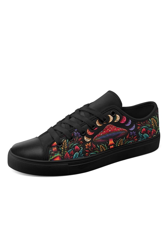 Men's Plus Size Personalized Printed Mushroom Sneakers, Red/Blue/Black, Low-top Round Toe Lace-up Casual Shoes with Fabric Upper, Fashion Lightweight Canvas Shoes for Urban Style