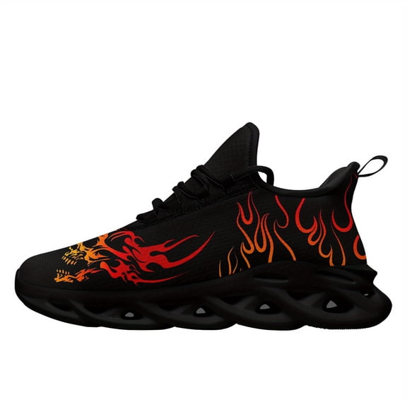 Coolcustomize Men's Plus Size Punk Rock Sneakers - Lightweight EVA Sole, Black & Orange Flame Skull Design - All-Season Streetwear Shoes for Running, Gym - Urban Fashion, Breathable Fabric Trainers