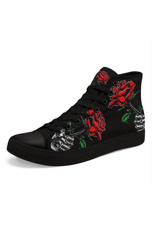 Men's Plus Size Skull & Rose High-top Sneakers, Stylish Graphic Casual Running Shoes with Vibrant Red Roses & Skeleton Design, Casual Boots Perfect for Daily Wear & Festive Occasions